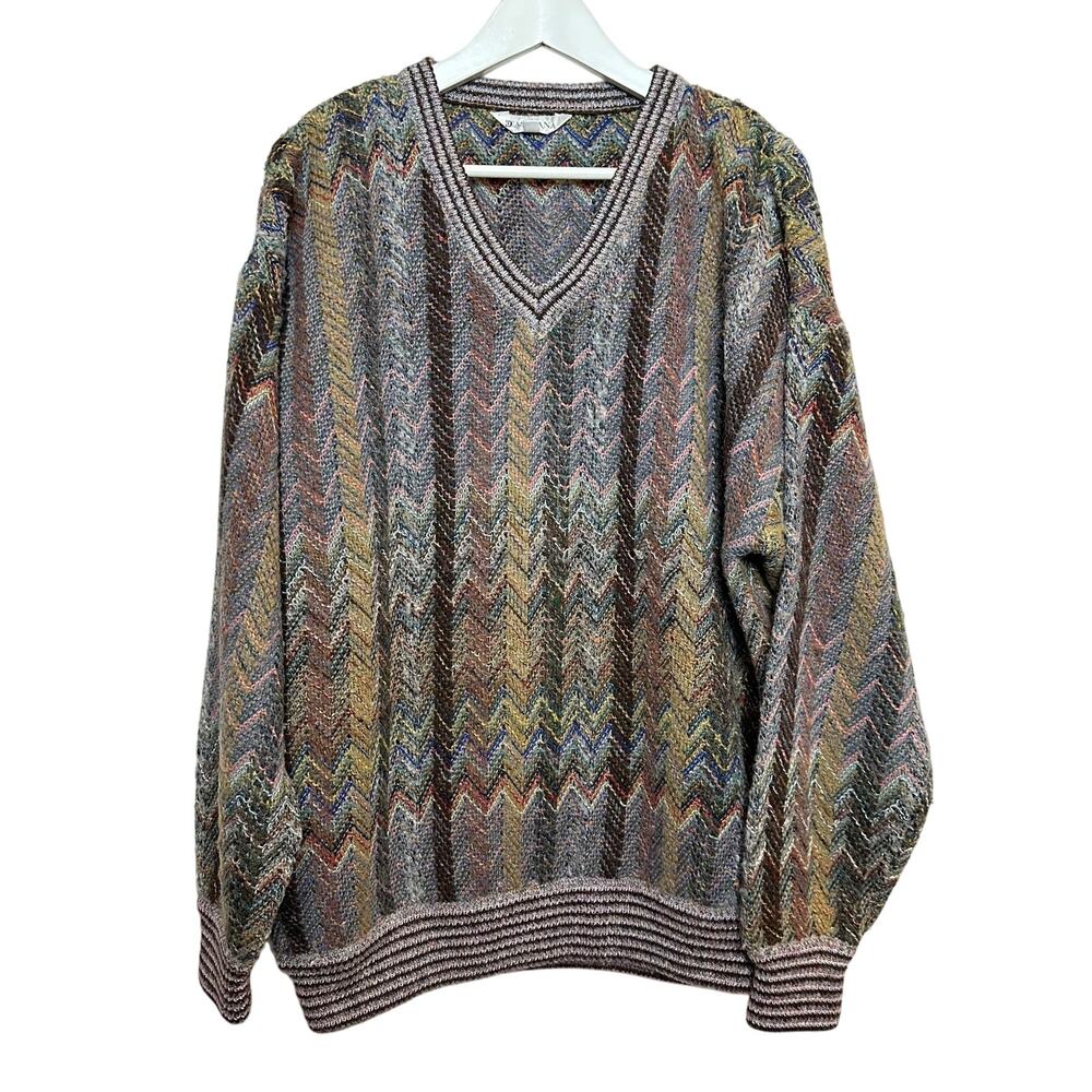 Vintage 90s Casalana Grandpa Sweater Chunky Knit Rainbow Chevron V Neck Medium